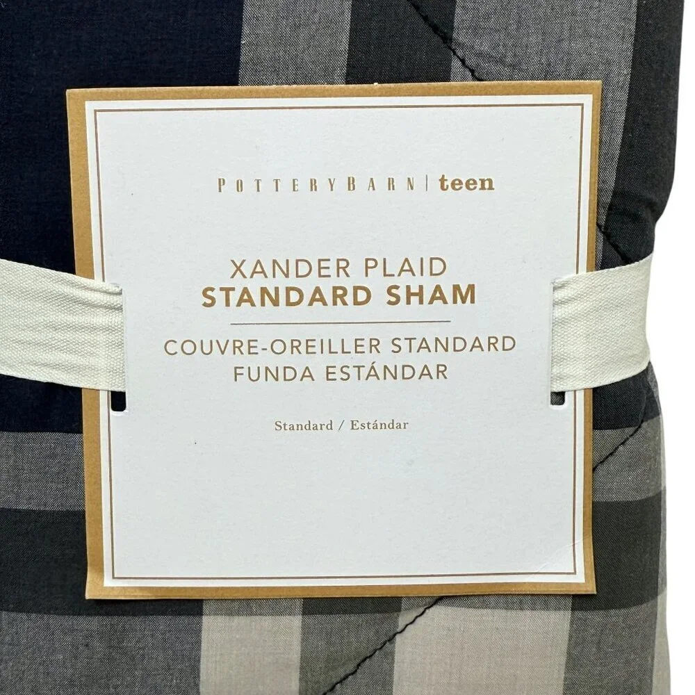 POTTERY BARN Pillow Sham Navy Gray Plaid Cotton Standard Size Xander Pillowcase
